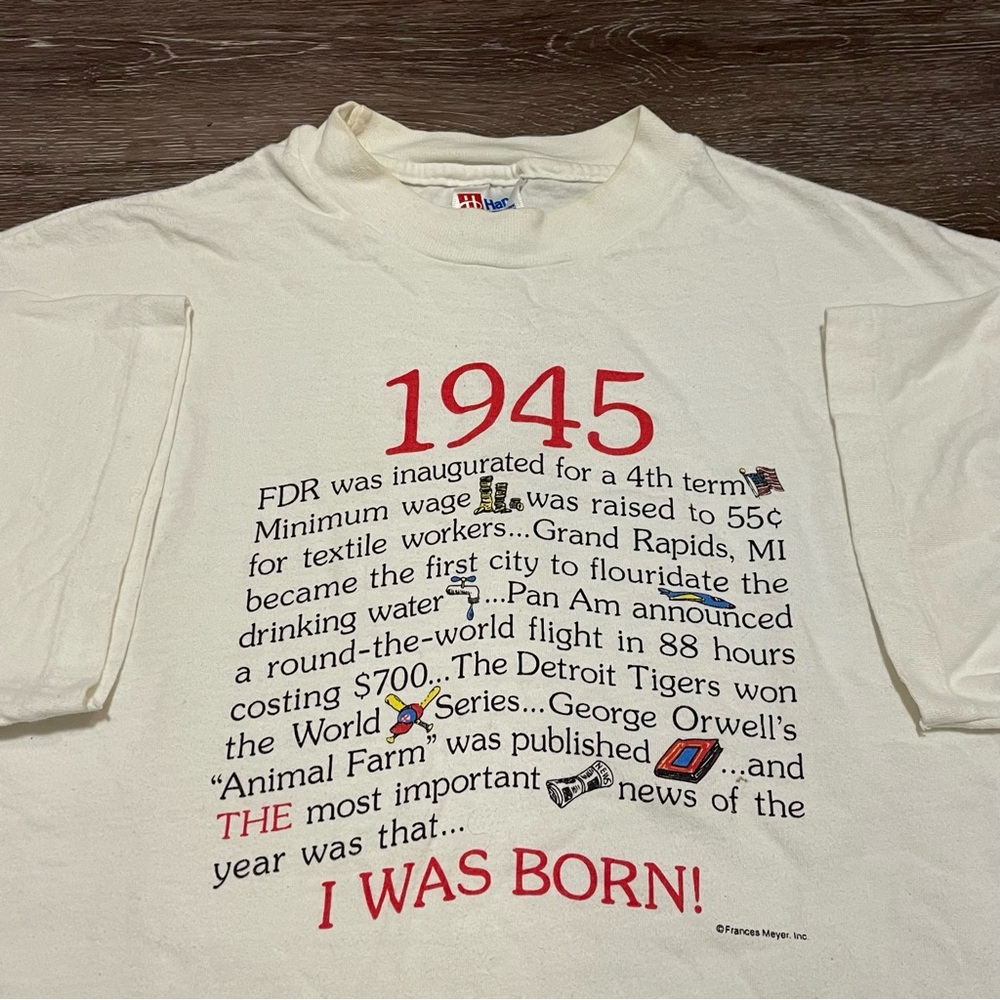 Vintage 90's Hanes Beefy 1945 History T Shirt Men’s Size Large Made In USA
